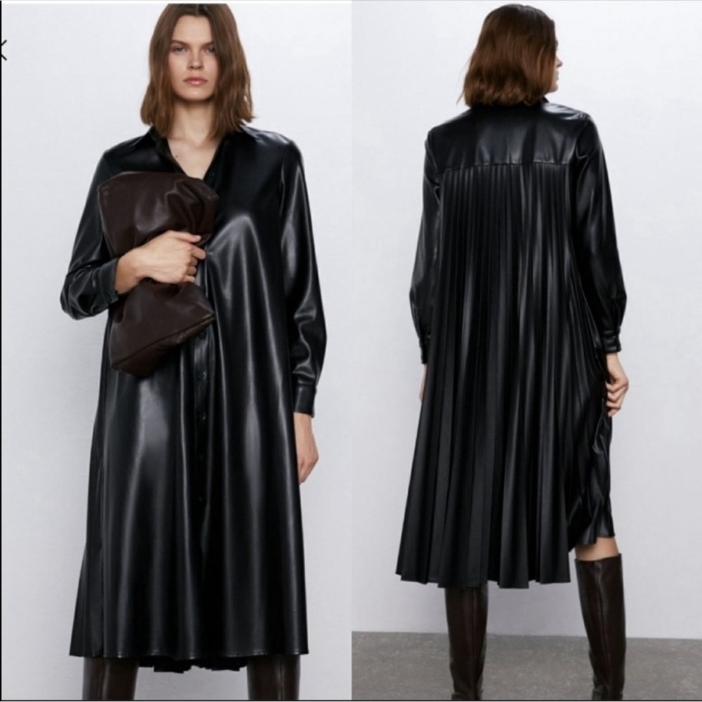 Zara black faux leather midi dress NWT
